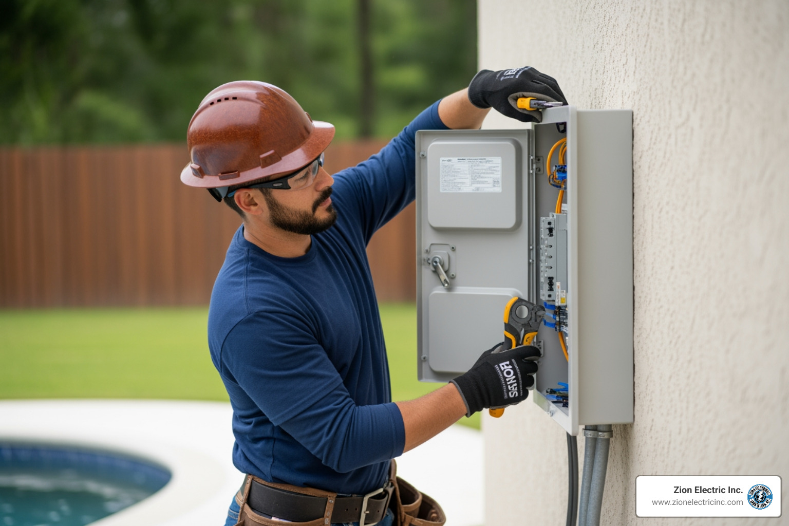 licensed electrician installing a weatherproof sub-panel - pool wiring services