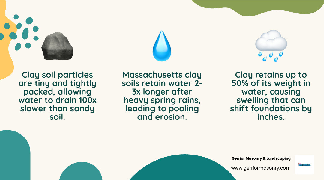 Infographic showing clay soil particle structure, water retention causes, and a comparison of top drainage solutions including French drains, catch basins, dry wells, surface grading, and sump pumps with effectiveness ratings for clay soil - best drainage system for clay soil infographic 3_facts_emoji_nature