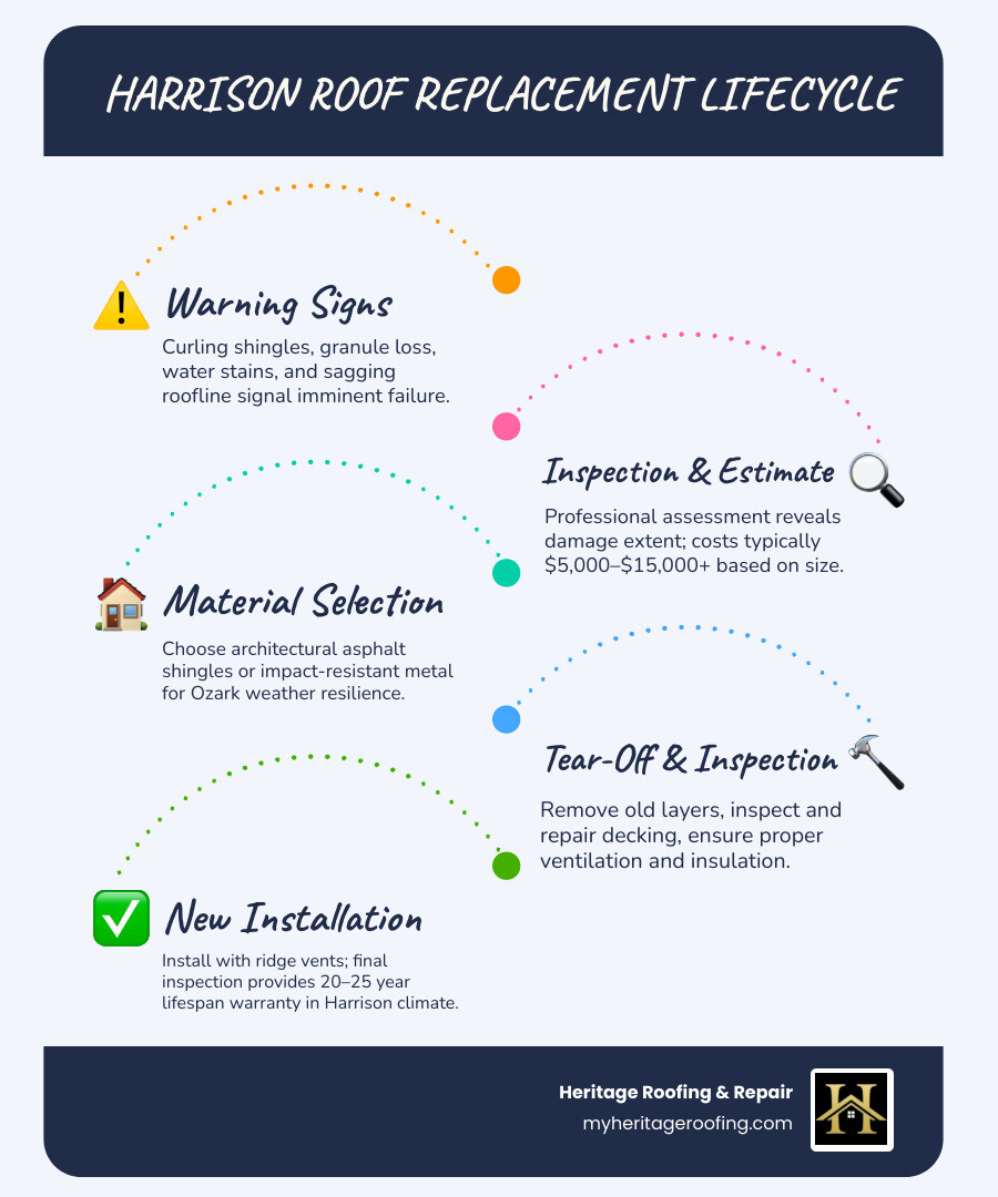 Infographic showing the Harrison roof replacement lifecycle: warning signs (curling shingles, granule loss, water stains, sagging) → inspection and cost estimate ($5,000–$15,000+) → material selection (asphalt vs. metal) → tear-off and decking inspection → new installation with ventilation → final inspection and warranty → expected lifespan of 20–25 years in Harrison's Ozark climate - Harrison roof replacement infographic infographic-line-5-steps-blues-accent_colors Infographic showing the Harrison roof replacement lifecycle: warning signs (curling shingles, granule loss, water stains, sagging) → inspection and cost estimate ($5,000–$15,000+) → material selection (asphalt vs. metal) → tear-off and decking inspection → new installation with ventilation → final inspection and warranty → expected lifespan of 20–25 years in Harrison's Ozark climate - Harrison roof replacement infographic infographic-line-5-steps-blues-accent_colors