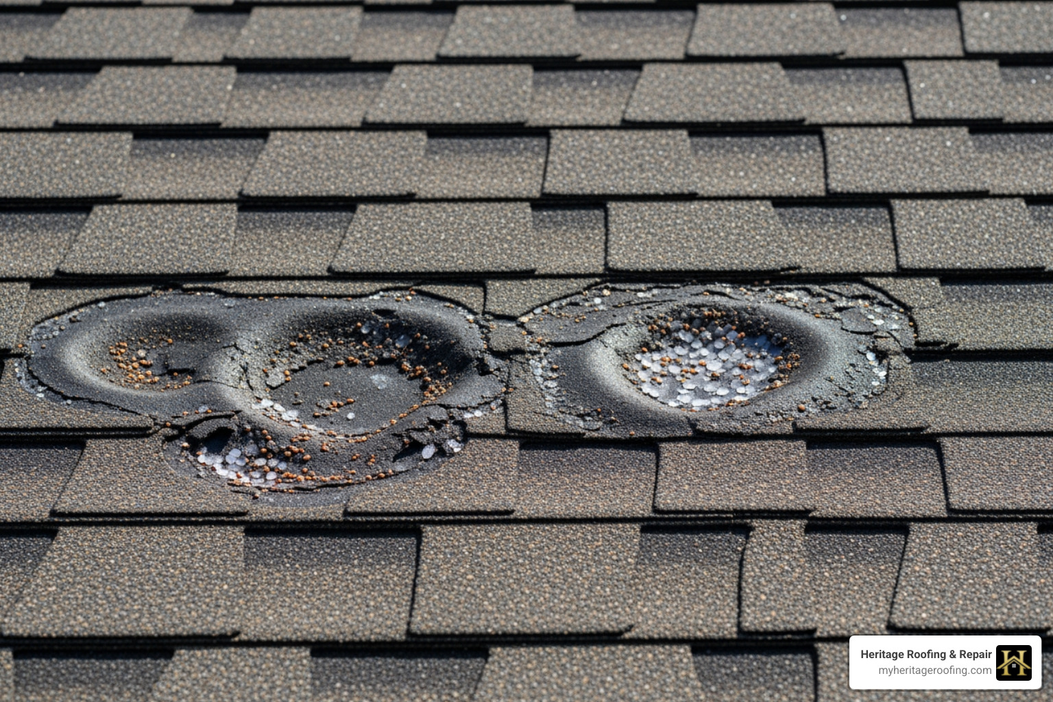 Hail damaged shingles showing circular bruising and granule loss - Harrison roof replacement Hail damaged shingles showing circular bruising and granule loss - Harrison roof replacement