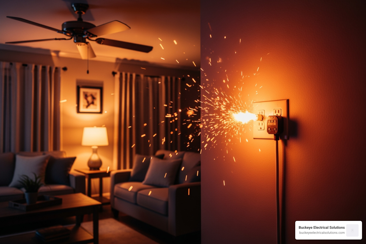 Sparks flying from a wall outlet in a residential living room with a ceiling fan visible - electrician emergency Sparks flying from a wall outlet in a residential living room with a ceiling fan visible - electrician emergency