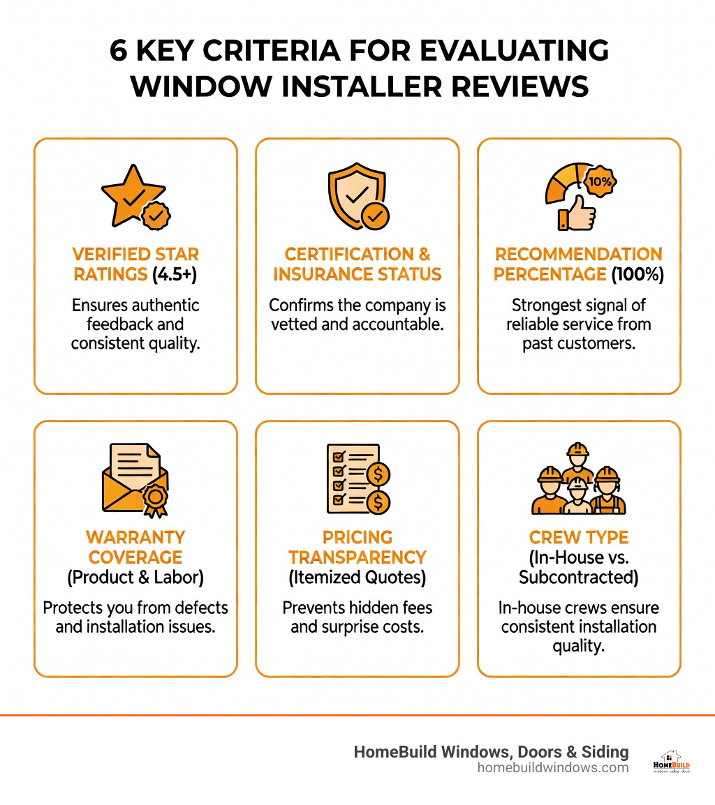 Infographic showing 6 key criteria for evaluating window installer reviews: verified star ratings with minimum thresholds, certification and insurance status, recommendation percentage from past customers, warranty coverage for both product and labor, pricing transparency with itemized quotes, and crew type (in-house vs subcontracted) — each with a brief explanation of why it matters to homeowners - best window installers near me reviews infographic 