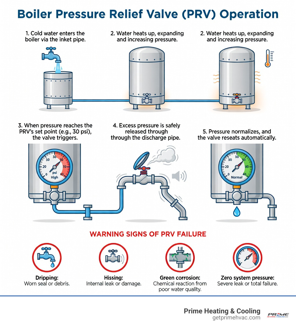 Infographic showing how a boiler pressure relief valve works: cold water enters boiler, heats and expands causing pressure rise, PRV set point reached triggers valve to open, excess pressure releases through discharge pipe, pressure drops and valve reseats, with warning callouts for signs of failure including dripping, hissing, green corrosion, and zero system pressure - boiler pressure relief valve repair infographic 
