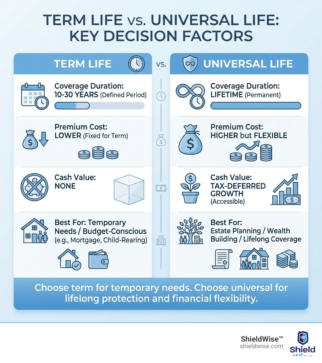 Infographic comparing when to choose universal life vs term life insurance: two columns side by side showing key decision factors including coverage duration (term: 10-30 years, universal: lifetime), premium cost (term: lower, universal: higher but flexible), cash value (term: none, universal: tax-deferred growth), best for (term: temporary needs/budget-conscious, universal: estate planning/wealth building/lifelong coverage), and a bottom summary bar reading "Choose term for temporary needs. Choose universal for lifelong protection and financial flexibility." - when to choose universal life over term infographic Infographic comparing when to choose universal life vs term life insurance: two columns side by side showing key decision factors including coverage duration (term: 10-30 years, universal: lifetime), premium cost (term: lower, universal: higher but flexible), cash value (term: none, universal: tax-deferred growth), best for (term: temporary needs/budget-conscious, universal: estate planning/wealth building/lifelong coverage), and a bottom summary bar reading "Choose term for temporary needs. Choose universal for lifelong protection and financial flexibility." - when to choose universal life over term infographic