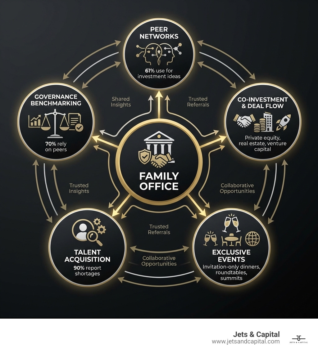 Infographic showing the family office networking ecosystem: a circular diagram with 'Family Office' at the center, connected to five outer nodes labeled 'Peer Networks' (61% use for investment ideas), 'Governance Benchmarking' (70% rely on peers), 'Talent Acquisition' (90% report shortages), 'Co-Investment & Deal Flow' (private equity, real estate, venture capital), and 'Exclusive Events' (invitation-only dinners, roundtables, summits); arrows between nodes indicate information sharing, relationship building, and capital deployment - family office networking infographic 