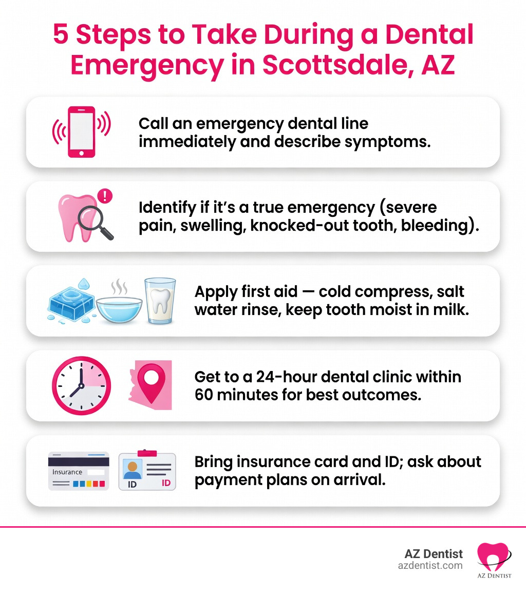 Infographic showing 5 steps to take during a dental emergency in Scottsdale AZ: 1) Call an emergency dental line immediately and describe symptoms, 2) Identify if it's a true emergency (severe pain, swelling, knocked-out tooth, bleeding), 3) Apply first aid — cold compress, salt water rinse, keep tooth moist in milk, 4) Get to a 24-hour dental clinic within 60 minutes for best outcomes, 5) Bring insurance card and ID; ask about payment plans on arrival - 24 hour dental service scottsdale az infographic 