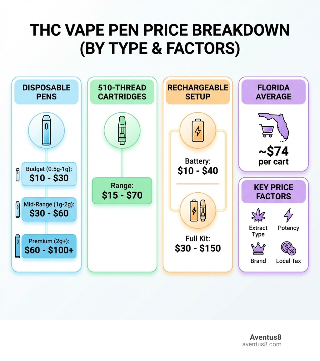 Infographic showing THC vape pen price breakdown by type: disposable 0.5g-1g at $10-$30 budget to $30-$60 mid-range, 2g+ premium at $60-$100+, 510-thread cartridges at $15-$70, rechargeable batteries at $10-$40, full kits at $30-$150, with Florida average noted at $74 per cart and key price factors listed including extract type, potency, brand, and local tax - THC vape pen prices infographic Infographic showing THC vape pen price breakdown by type: disposable 0.5g-1g at $10-$30 budget to $30-$60 mid-range, 2g+ premium at $60-$100+, 510-thread cartridges at $15-$70, rechargeable batteries at $10-$40, full kits at $30-$150, with Florida average noted at $74 per cart and key price factors listed including extract type, potency, brand, and local tax - THC vape pen prices infographic