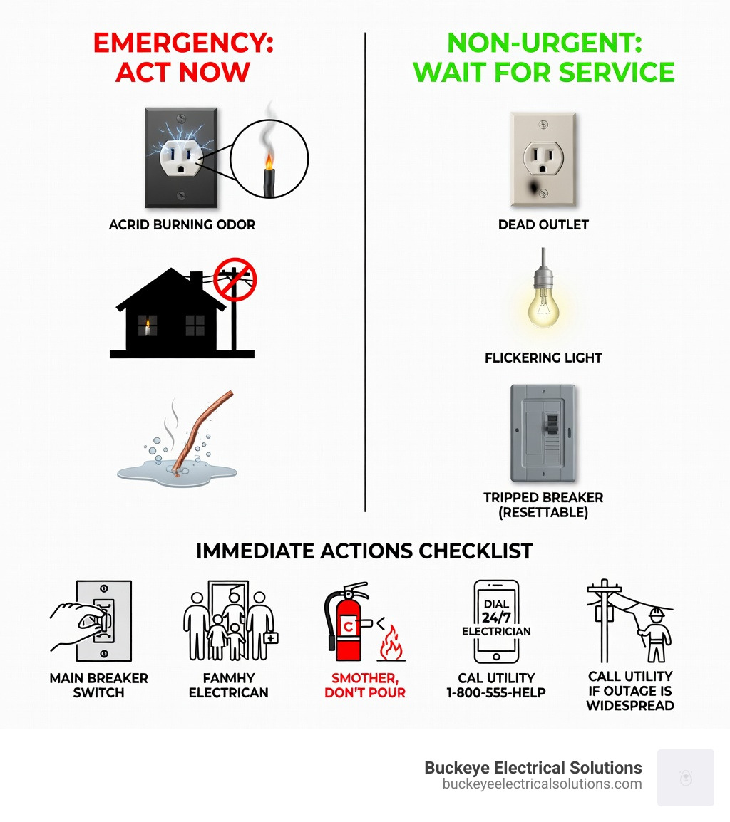 Infographic showing the difference between a true electrician emergency (sparks, burning smells, total power loss, water contact with wiring, electrical fire) requiring immediate 24/7 response, versus non-urgent issues (single dead outlet, one flickering bulb, minor breaker trip that resets cleanly) that can wait for a scheduled appointment — with a checklist of first steps for each category - electrician emergency infographic Infographic showing the difference between a true electrician emergency (sparks, burning smells, total power loss, water contact with wiring, electrical fire) requiring immediate 24/7 response, versus non-urgent issues (single dead outlet, one flickering bulb, minor breaker trip that resets cleanly) that can wait for a scheduled appointment — with a checklist of first steps for each category - electrician emergency infographic