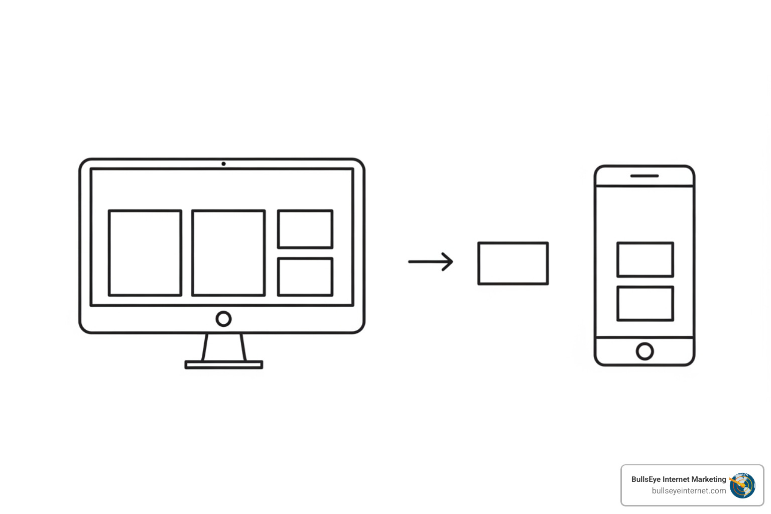 Illustration of responsive web design showing a desktop monitor transitioning to a mobile device, emphasizing adaptability and mobile-first approach in web design.