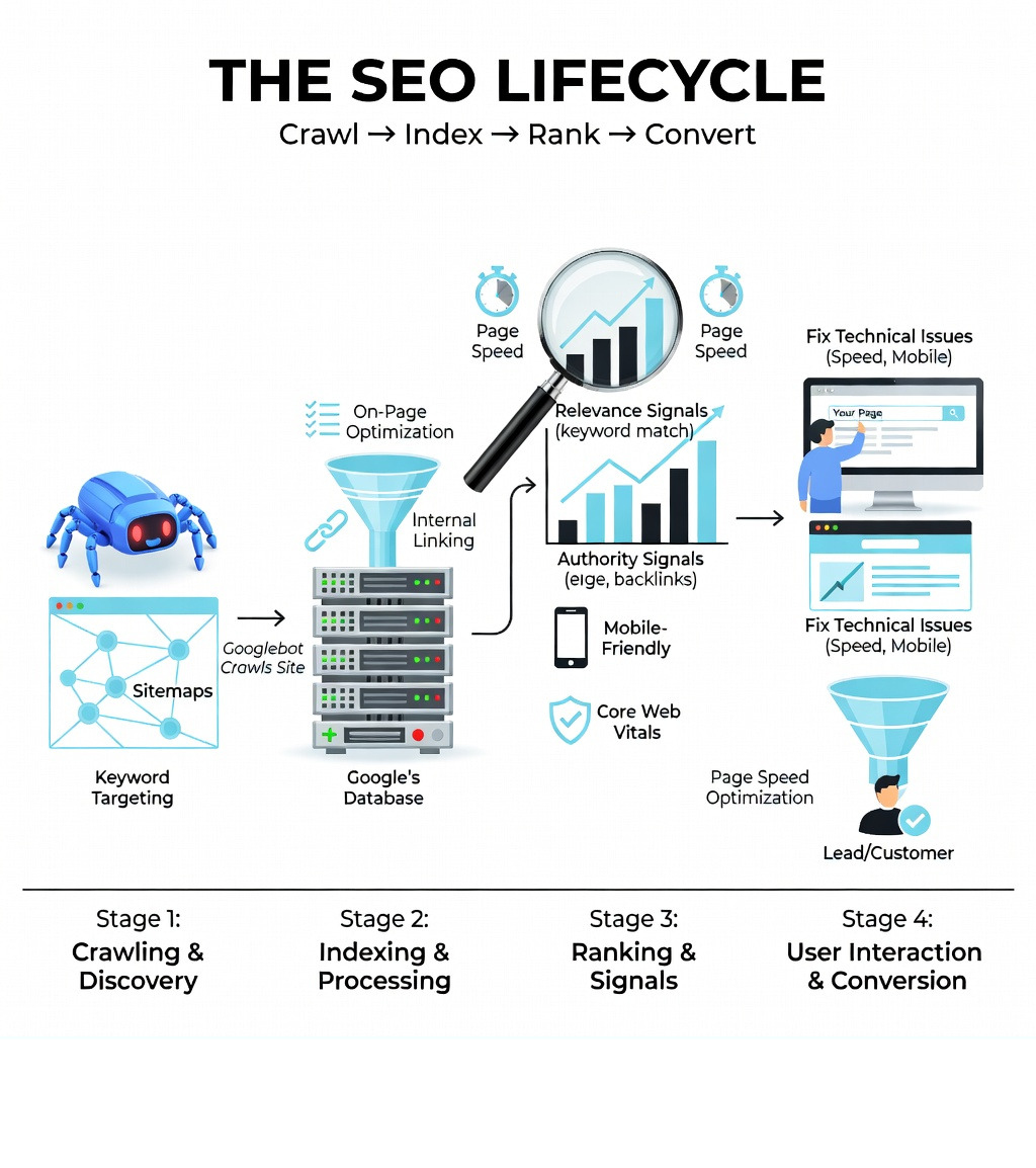 Infographic showing the full SEO lifecycle: starting with Googlebot crawling a website, moving to indexing in Google's database, then ranking based on relevance and authority signals, followed by a user clicking a search result, landing on the page, and converting into a lead or customer — with key actions labeled at each stage such as sitemaps, keyword targeting, on-page optimization, internal linking, and page speed - how to do seo infographic Infographic showing the full SEO lifecycle: starting with Googlebot crawling a website, moving to indexing in Google's database, then ranking based on relevance and authority signals, followed by a user clicking a search result, landing on the page, and converting into a lead or customer — with key actions labeled at each stage such as sitemaps, keyword targeting, on-page optimization, internal linking, and page speed - how to do seo infographic