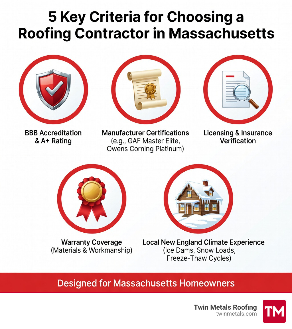 Infographic showing the 5 key criteria for choosing a roofing contractor in Massachusetts: 1) BBB Accreditation and A+ Rating, 2) Manufacturer Certifications such as GAF Master Elite or Owens Corning Platinum, 3) Licensing and Insurance verification, 4) Warranty coverage including materials and workmanship, 5) Local New England climate experience with ice dams, snow loads, and freeze-thaw cycles - roofing contractors in ma infographic 