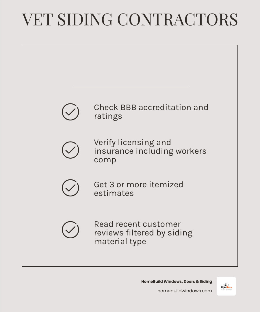 Infographic showing 6 steps to vet siding contractors: 1) Check BBB accreditation and ratings, 2) Verify licensing and insurance including workers comp, 3) Get 3 or more itemized estimates, 4) Read recent customer reviews filtered by siding material type, 5) Confirm both manufacturer and labor warranties, 6) Never pay full cost upfront — cap deposits at 50% - siding contractors in my area infographic checklist-light-beige