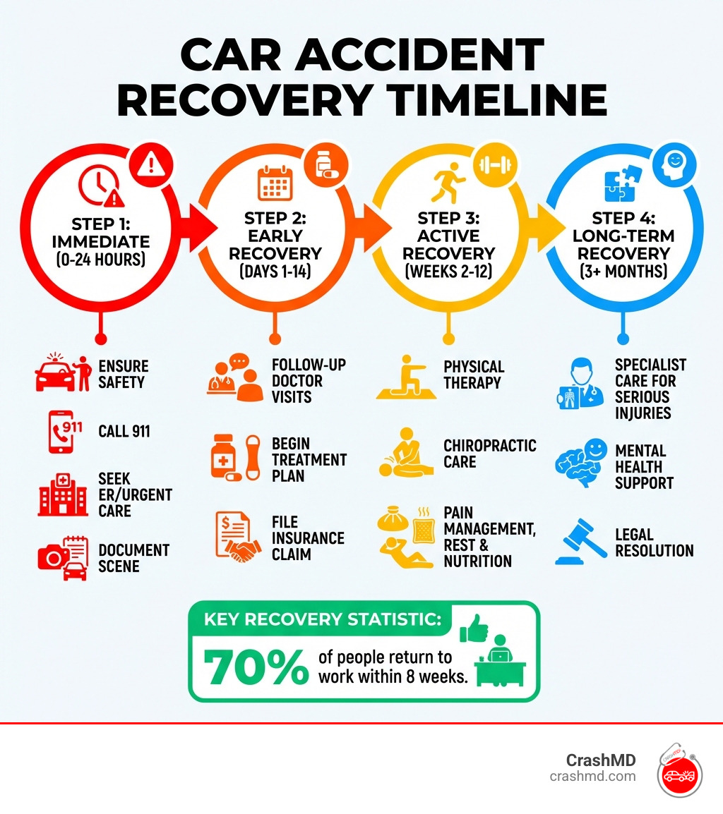 Infographic showing the car accident recovery timeline: Step 1 - Immediate (0-24 hours): ensure safety, call 911, seek ER or urgent care, document the scene; Step 2 - Early recovery (Days 1-14): follow-up doctor visits, begin treatment plan, file insurance claim; Step 3 - Active recovery (Weeks 2-12): physical therapy, chiropractic care, pain management, rest and nutrition; Step 4 - Long-term recovery (3+ months): specialist care for serious injuries, mental health support, legal resolution; with a note that 70% of people return to work within 8 weeks - Car accident recovery infographic Infographic showing the car accident recovery timeline: Step 1 - Immediate (0-24 hours): ensure safety, call 911, seek ER or urgent care, document the scene; Step 2 - Early recovery (Days 1-14): follow-up doctor visits, begin treatment plan, file insurance claim; Step 3 - Active recovery (Weeks 2-12): physical therapy, chiropractic care, pain management, rest and nutrition; Step 4 - Long-term recovery (3+ months): specialist care for serious injuries, mental health support, legal resolution; with a note that 70% of people return to work within 8 weeks - Car accident recovery infographic