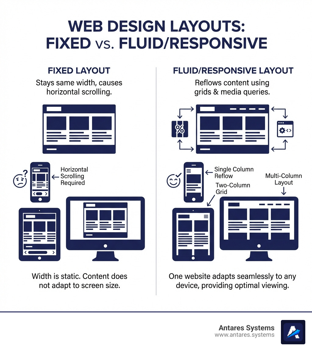 Infographic showing the difference between fixed and fluid website layouts: Fixed layout stays the same width regardless of screen size, causing horizontal scrolling on mobile; Fluid/responsive layout uses percentage-based grids and media queries to reflow content into single columns on phones, two columns on tablets, and multi-column layouts on desktops, with icons showing the same homepage adapting across three device sizes - Responsive web design infographic 