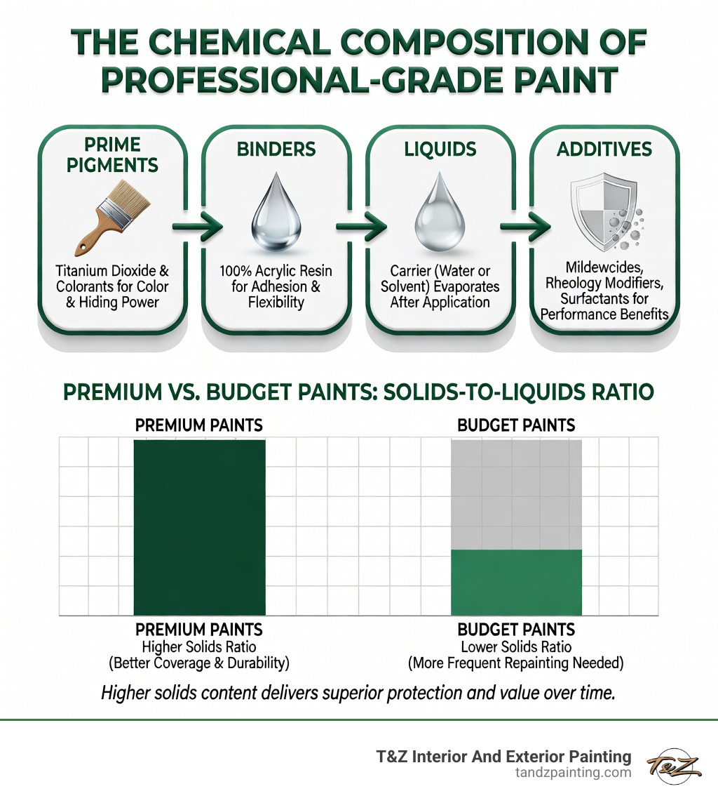 Infographic showing the chemical composition of professional-grade paint, including four key layers: prime pigments for color and hiding power, binders like 100% acrylic resin for adhesion and flexibility, liquids as the carrier that evaporate after application, and additives such as mildewcides and rheology modifiers for performance benefits, with a comparison bar chart showing higher solids-to-liquids ratio in premium vs budget paints - High quality paints infographic Infographic showing the chemical composition of professional-grade paint, including four key layers: prime pigments for color and hiding power, binders like 100% acrylic resin for adhesion and flexibility, liquids as the carrier that evaporate after application, and additives such as mildewcides and rheology modifiers for performance benefits, with a comparison bar chart showing higher solids-to-liquids ratio in premium vs budget paints - High quality paints infographic