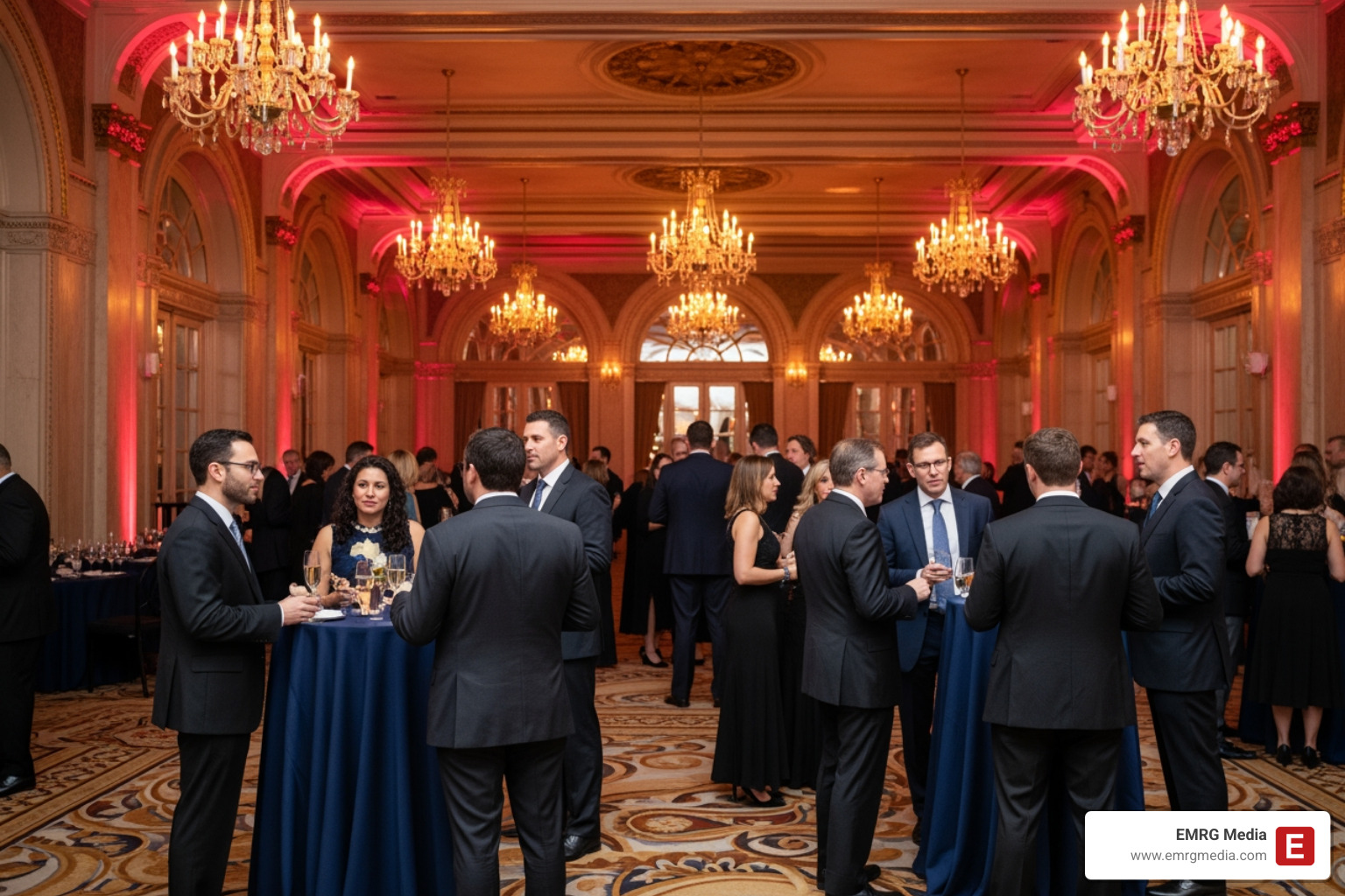 Professionals in formal attire networking and socializing at a perfectly executed corporate gala in a grand Manhattan ballroom with high ceilings and elegant lighting - unique private events nyc Professionals in formal attire networking and socializing at a perfectly executed corporate gala in a grand Manhattan ballroom with high ceilings and elegant lighting - unique private events nyc
