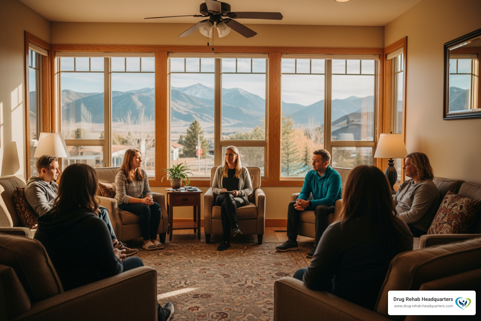 A therapeutic group session taking place in a comfortable, sunlit room at a Colorado rehab facility with mountain views visible through the windows - 90 day drug treatment