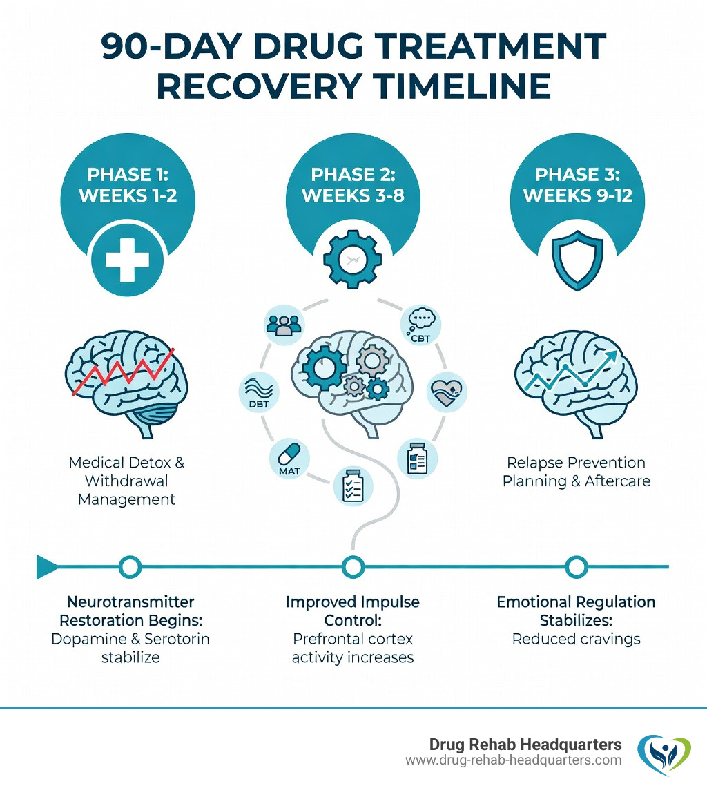 Infographic showing the 90-day drug treatment recovery timeline with three phases: Phase 1 (Weeks 1-2) covering medical detox and withdrawal management, Phase 2 (Weeks 3-8) covering intensive therapy including CBT, DBT, group and family counseling, MAT if needed, and life skills training, Phase 3 (Weeks 9-12) covering relapse prevention planning, aftercare setup, sober living options, and alumni support network — with brain healing milestones marked at each phase showing gradual neurotransmitter restoration - 90 day drug treatment infographic 