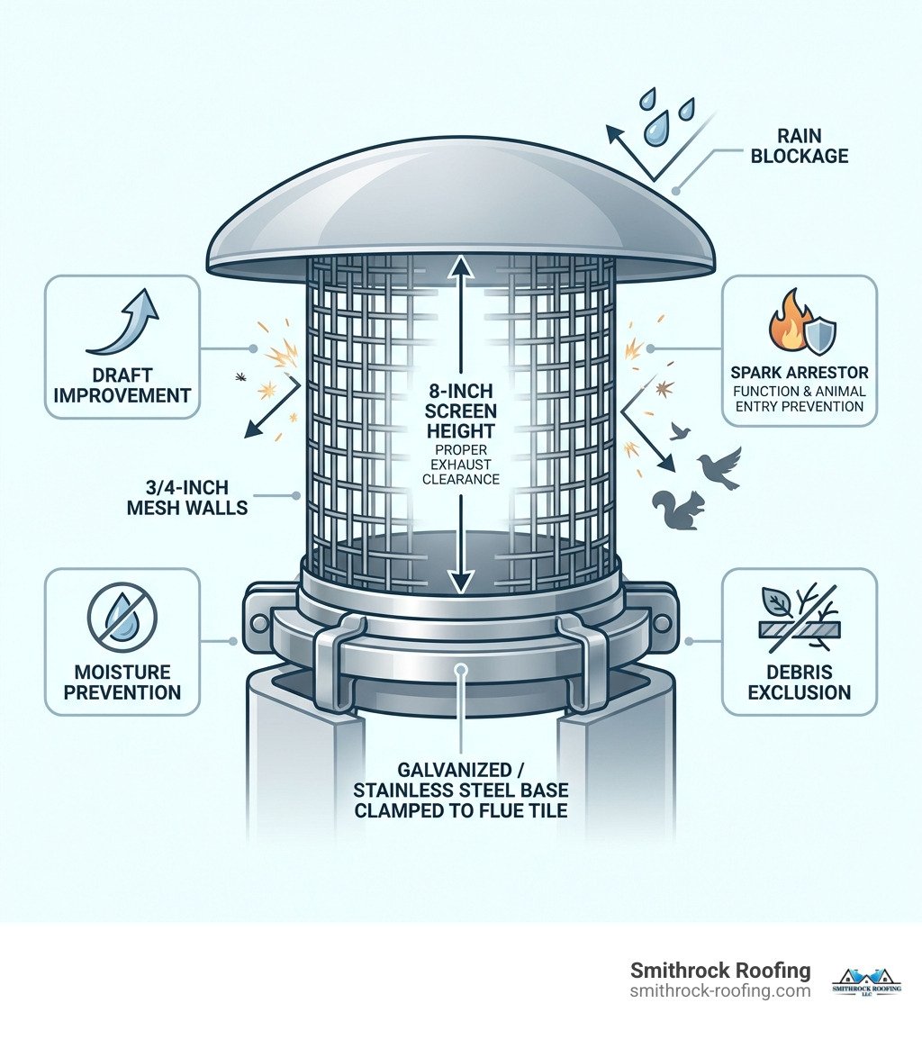 Infographic showing the multi-layered benefits of a 13-inch chimney cap including rain blockage at the top with a domed hood, 3/4-inch mesh walls preventing sparks and animal entry, an 8-inch screen height for proper exhaust clearance, a galvanized or stainless steel base clamped to the flue tile, and labeled callouts for draft improvement, moisture prevention, spark arrestor function, and debris exclusion - 13 inch chimney cap infographic 