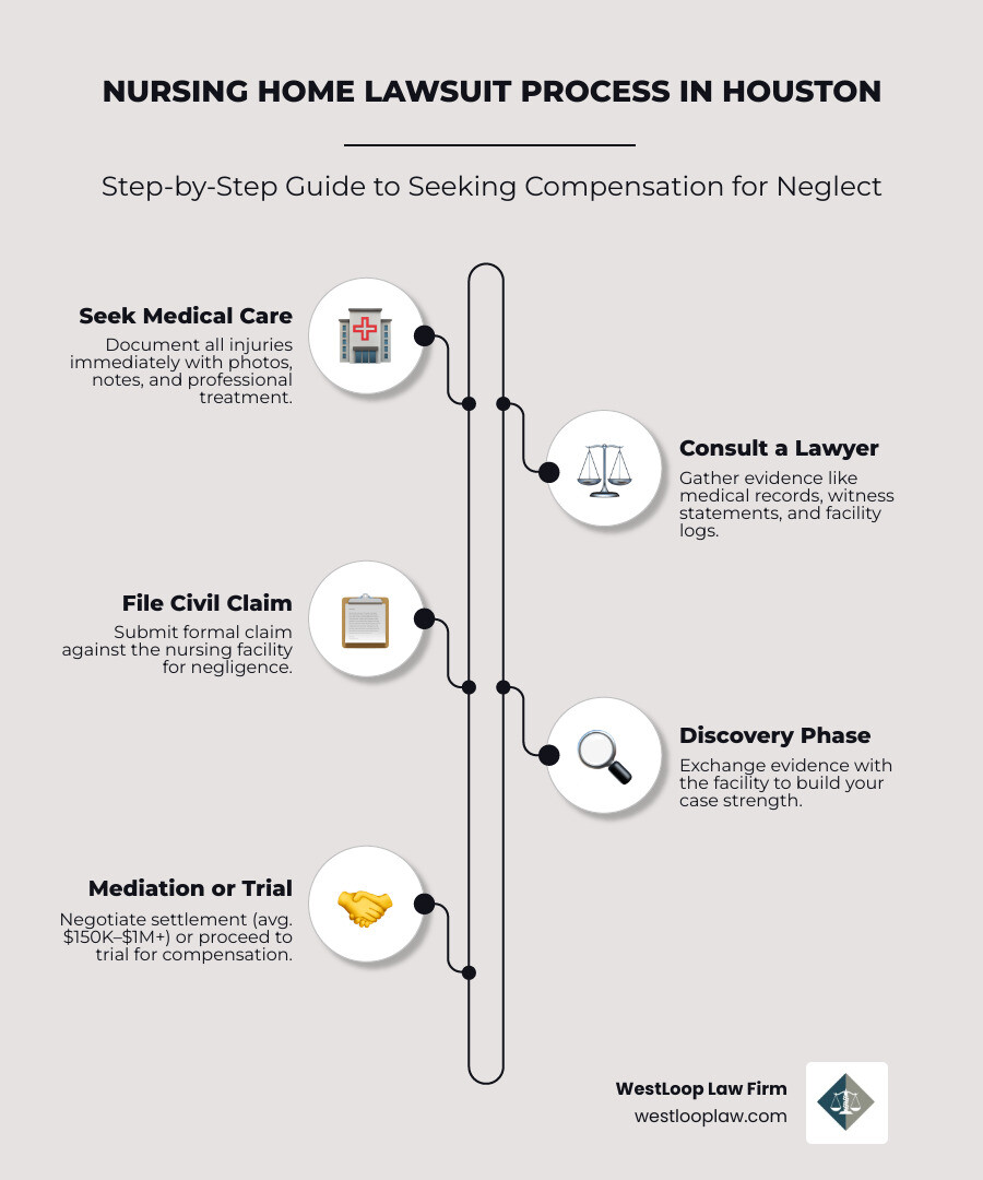 Infographic showing the nursing home lawsuit process in Houston: step 1 seek medical care and document injuries, step 2 consult a lawyer and gather evidence including medical records and witness accounts, step 3 file a civil claim against the nursing facility, step 4 enter discovery phase where both sides exchange evidence, step 5 send a demand letter outlining compensation sought, step 6 attend mediation to negotiate a settlement, step 7 accept settlement or proceed to trial; average settlement amounts shown by case type ranging from $150,000 for minor neglect to over $1 million for wrongful death - average nursing home neglect settlement infographic infographic-line-5-steps-elegant_beige Infographic showing the nursing home lawsuit process in Houston: step 1 seek medical care and document injuries, step 2 consult a lawyer and gather evidence including medical records and witness accounts, step 3 file a civil claim against the nursing facility, step 4 enter discovery phase where both sides exchange evidence, step 5 send a demand letter outlining compensation sought, step 6 attend mediation to negotiate a settlement, step 7 accept settlement or proceed to trial; average settlement amounts shown by case type ranging from $150,000 for minor neglect to over $1 million for wrongful death - average nursing home neglect settlement infographic infographic-line-5-steps-elegant_beige