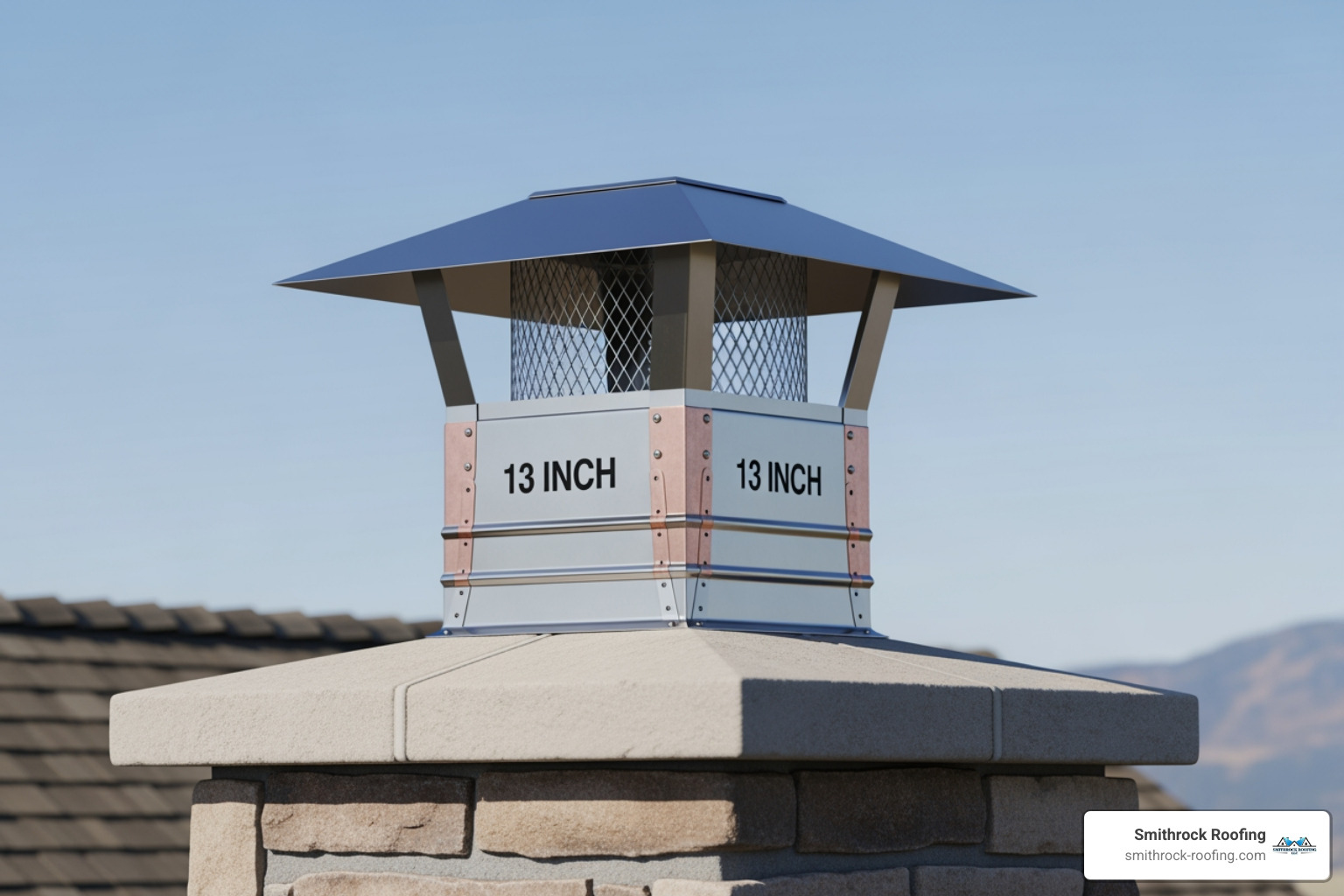 Diagram showing the three main components of a chimney cap: the protective hood or lid at the top, the expanded metal mesh screen in the middle, and the mounting base with attachment screws at the bottom - 13 inch chimney cap