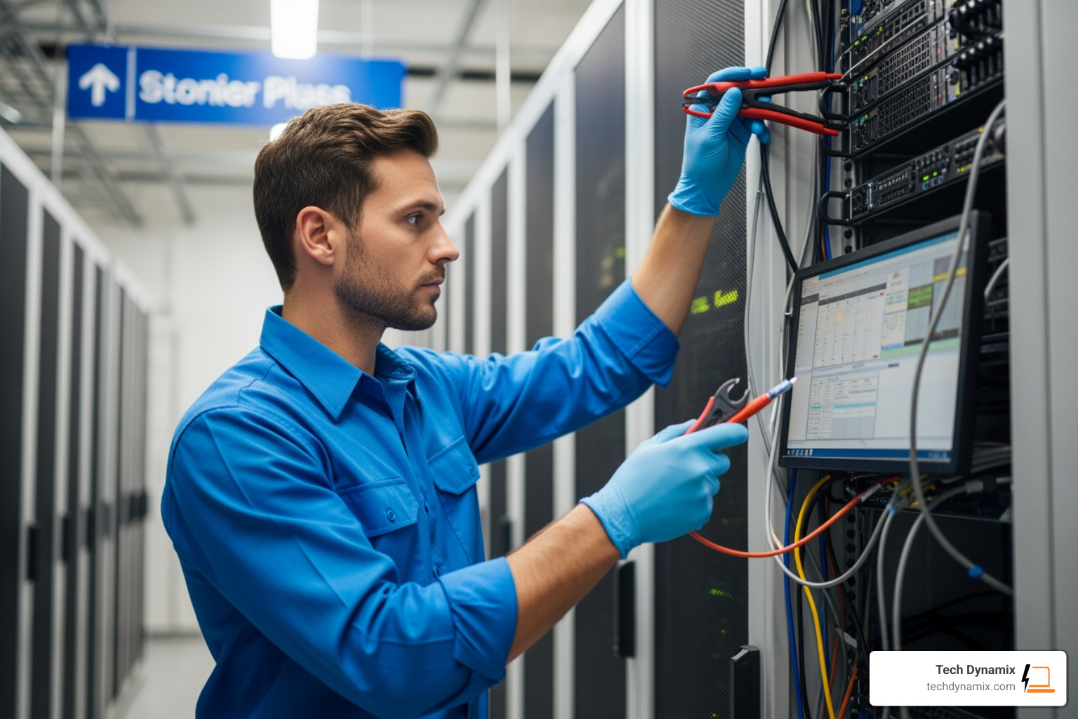 A technician in a data center carefully resolving a server issue to ensure maximum uptime for local businesses - managed it help A technician in a data center carefully resolving a server issue to ensure maximum uptime for local businesses - managed it help