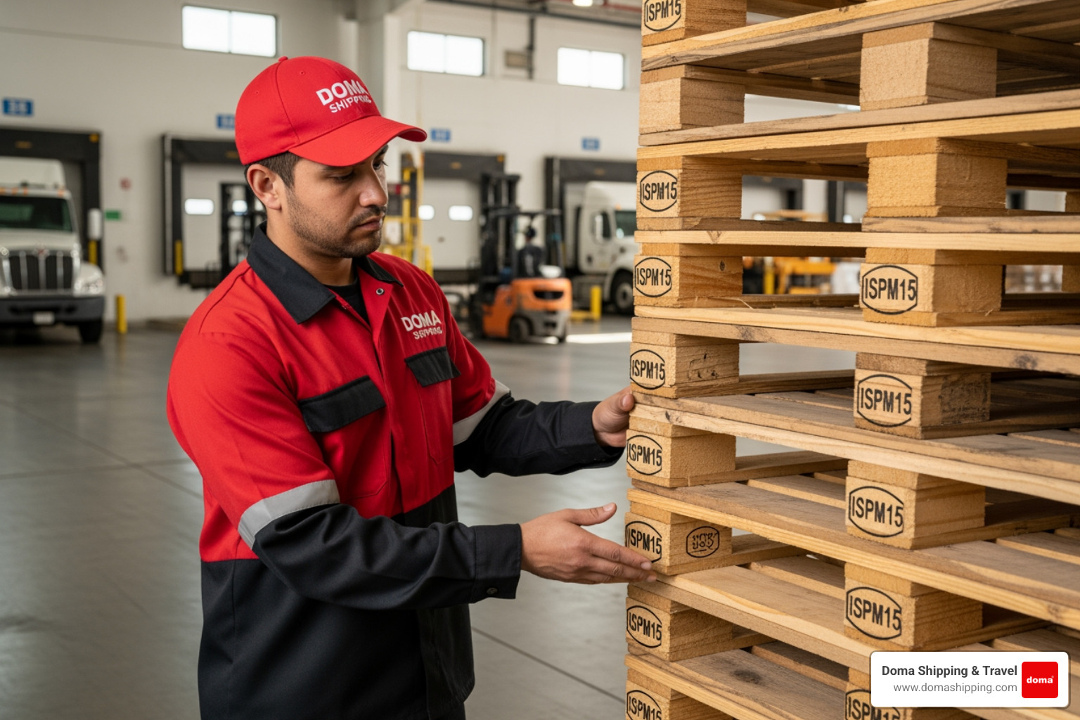 A professional logistics worker in a red Doma Shipping uniform inspecting a stack of heat-treated Euro pallets in a Chicago-area warehouse, ensuring the ISPM15 stamp is clearly visible before loading - pallet shipping to Europe