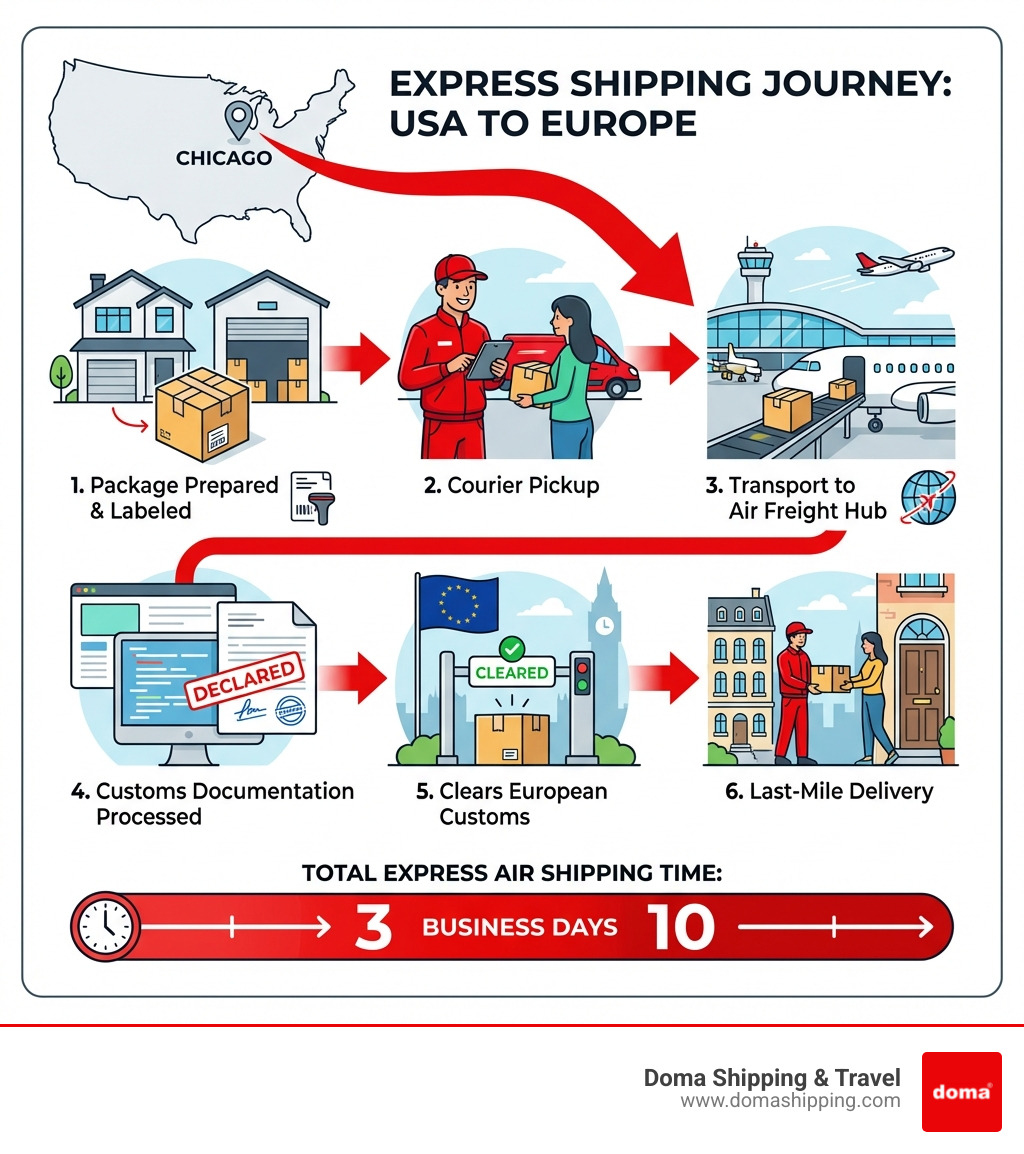 Infographic showing the step-by-step express shipping process from the USA to Europe: Step 1 - Package prepared and labeled at US home or warehouse in Chicago; Step 2 - Package picked up by Doma Shipping courier in red uniform; Step 3 - Parcel transported to international air freight hub; Step 4 - Customs documentation processed and declared; Step 5 - Package clears European customs at destination country border; Step 6 - Last-mile delivery made to recipient's door in Europe; Timeline bar showing 3 to 10 business days total for express air shipping - express shipping to Europe infographic Infographic showing the step-by-step express shipping process from the USA to Europe: Step 1 - Package prepared and labeled at US home or warehouse in Chicago; Step 2 - Package picked up by Doma Shipping courier in red uniform; Step 3 - Parcel transported to international air freight hub; Step 4 - Customs documentation processed and declared; Step 5 - Package clears European customs at destination country border; Step 6 - Last-mile delivery made to recipient's door in Europe; Timeline bar showing 3 to 10 business days total for express air shipping - express shipping to Europe infographic