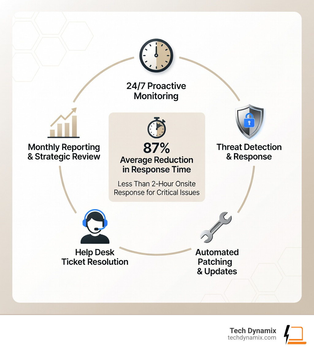 Infographic showing the lifecycle of managed IT services: starting with 24/7 proactive monitoring, moving through threat detection and automated patching, help desk ticket resolution, monthly reporting and strategic review, and cycling back into continuous system optimization — with key stats like 87% average reduction in response time and less than 2-hour onsite response for critical issues - managed it help infographic Infographic showing the lifecycle of managed IT services: starting with 24/7 proactive monitoring, moving through threat detection and automated patching, help desk ticket resolution, monthly reporting and strategic review, and cycling back into continuous system optimization — with key stats like 87% average reduction in response time and less than 2-hour onsite response for critical issues - managed it help infographic