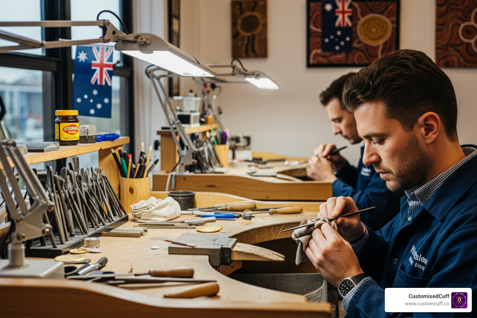 An Australian jewelry workshop showing artisans hand-finishing custom gold pendants - custom pendants australia