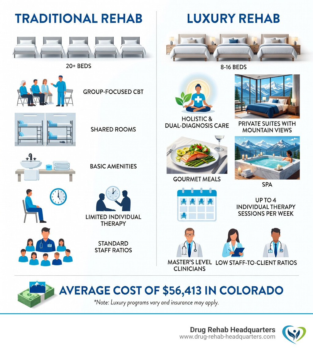 Infographic comparing traditional rehab vs luxury rehab in Colorado: two-column layout showing Traditional Rehab with 20+ beds, group-focused CBT, shared rooms, basic amenities, limited individual therapy, and standard staff ratios on the left; vs Luxury Rehab with 8-16 beds, holistic and dual-diagnosis care, private suites with mountain views, gourmet meals, spa, up to 4 individual therapy sessions per week, master's level clinicians, and low staff-to-client ratios on the right; bottom row shows average cost of $56,413 in Colorado with note that luxury programs vary and insurance may apply - luxury rehab facilities colorado infographic 
