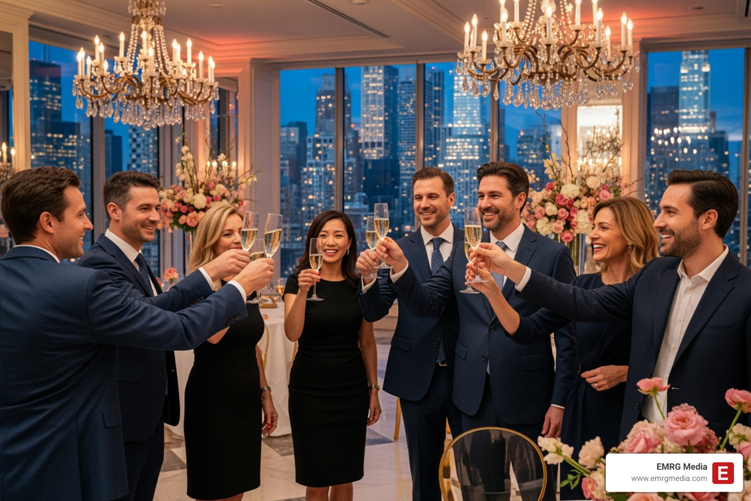 A group of successful professionals raising their glasses for a toast at a high-end corporate event in a luxury NYC venue - unique private events nyc A group of successful professionals raising their glasses for a toast at a high-end corporate event in a luxury NYC venue - unique private events nyc