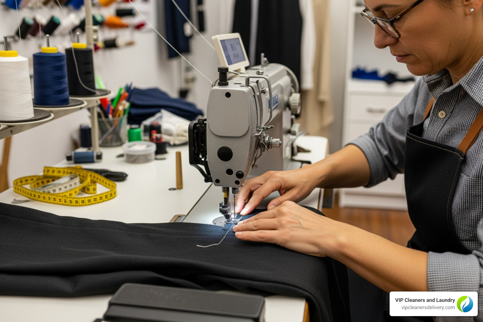 Local Clairemont tailor using a sewing machine to hem a pair of trousers - Alterations Clairemont San Diego