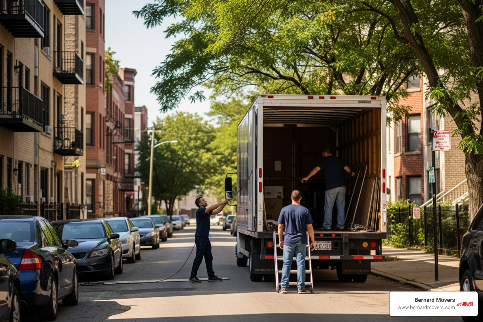 Professional movers carefully loading a large interstate moving truck in a Chicago residential neighborhood - chicago moving companies long distance