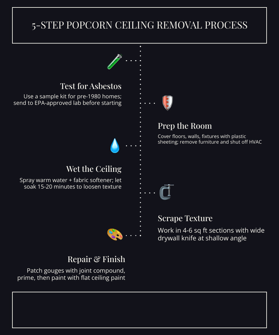 Infographic showing 5-step popcorn ceiling removal process: Step 1 - Test for asbestos with sample kit and lab results; Step 2 - Prep room with plastic sheeting over floors, walls, and fixtures; Step 3 - Wet ceiling with pump sprayer using warm water and fabric softener, soak 15-20 minutes; Step 4 - Scrape texture in small 4-6 sq ft sections using wide drywall knife at shallow angle; Step 5 - Repair gouges with joint compound, apply primer, finish with flat ceiling paint - Popcorn ceiling removal infographic infographic-line-5-steps-dark Infographic showing 5-step popcorn ceiling removal process: Step 1 - Test for asbestos with sample kit and lab results; Step 2 - Prep room with plastic sheeting over floors, walls, and fixtures; Step 3 - Wet ceiling with pump sprayer using warm water and fabric softener, soak 15-20 minutes; Step 4 - Scrape texture in small 4-6 sq ft sections using wide drywall knife at shallow angle; Step 5 - Repair gouges with joint compound, apply primer, finish with flat ceiling paint - Popcorn ceiling removal infographic infographic-line-5-steps-dark