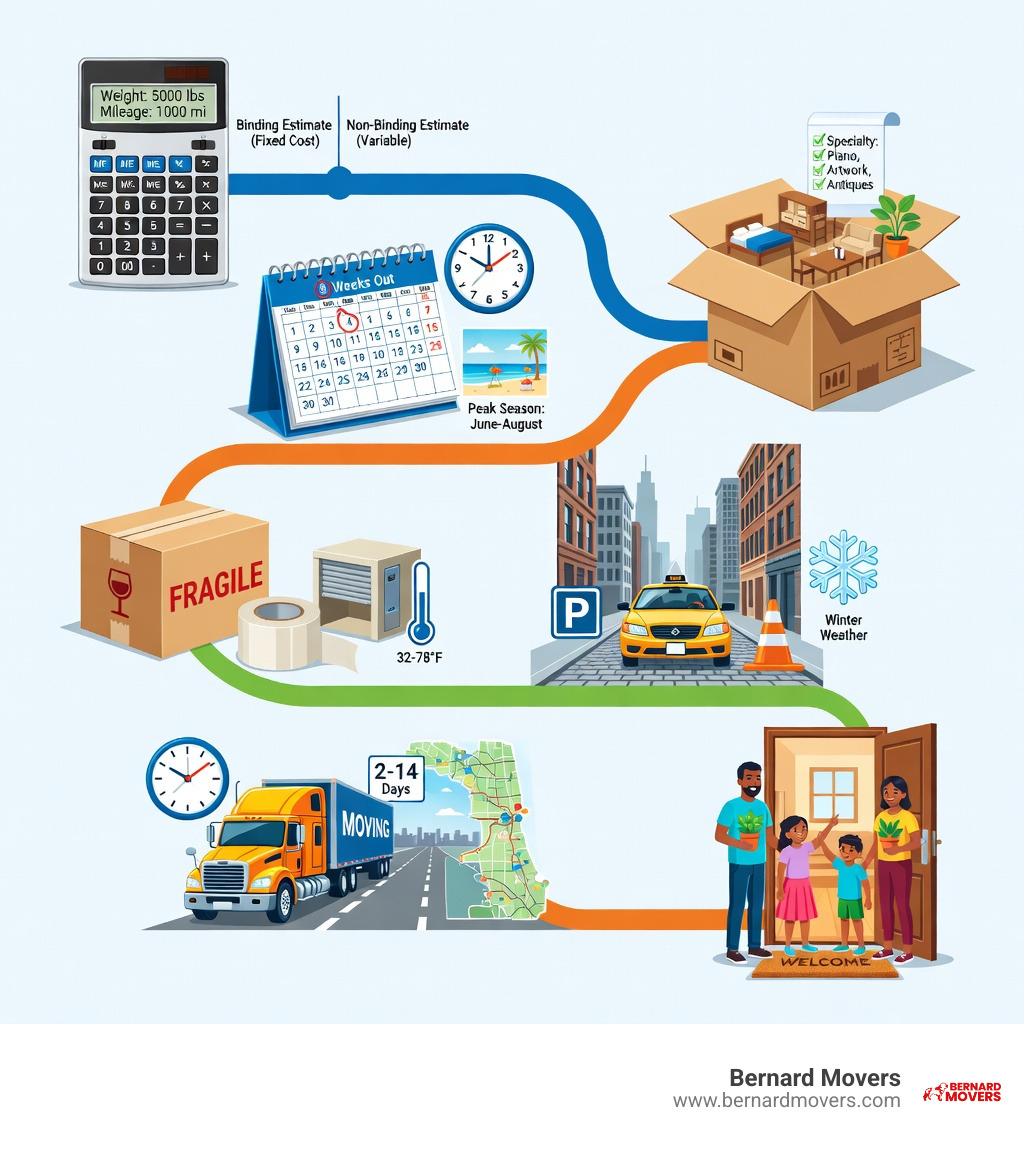 Infographic showing the long-distance moving process from Chicago: Step 1 - Get an estimate (binding vs non-binding, based on weight and mileage); Step 2 - Plan your timeline (book 8 weeks out, peak season is summer); Step 3 - Prepare your inventory (room by room, note specialty items); Step 4 - Pack and protect (professional packing for fragile items, climate-controlled storage if needed); Step 5 - Moving day in Chicago (parking permits, narrow streets, winter weather); Step 6 - Transit and delivery window (typically 2-14 days depending on distance); Step 7 - Unload and settle in at destination - chicago moving companies long distance infographic 