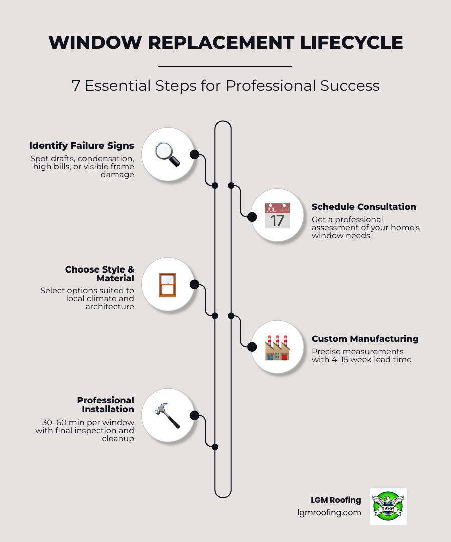 Infographic showing the window replacement lifecycle: Step 1 - Identify signs of failure (drafts, condensation, high bills, visible damage); Step 2 - Schedule a professional consultation and assessment; Step 3 - Choose window style and material suited to Montclair's climate; Step 4 - Precise measurements and custom manufacturing (4–15 weeks lead time); Step 5 - Professional installation (30–60 min per window); Step 6 - Final inspection and site cleanup; Step 7 - Ongoing maintenance (clean, inspect seals, lubricate moving parts); Key stat callouts: up to 15% reduction in heating and cooling costs; 20–30 year average lifespan; 1–3% increase in home resale value - professional window remodeling in montclair, nj infographic infographic-line-5-steps-elegant_beige Infographic showing the window replacement lifecycle: Step 1 - Identify signs of failure (drafts, condensation, high bills, visible damage); Step 2 - Schedule a professional consultation and assessment; Step 3 - Choose window style and material suited to Montclair's climate; Step 4 - Precise measurements and custom manufacturing (4–15 weeks lead time); Step 5 - Professional installation (30–60 min per window); Step 6 - Final inspection and site cleanup; Step 7 - Ongoing maintenance (clean, inspect seals, lubricate moving parts); Key stat callouts: up to 15% reduction in heating and cooling costs; 20–30 year average lifespan; 1–3% increase in home resale value - professional window remodeling in montclair, nj infographic infographic-line-5-steps-elegant_beige