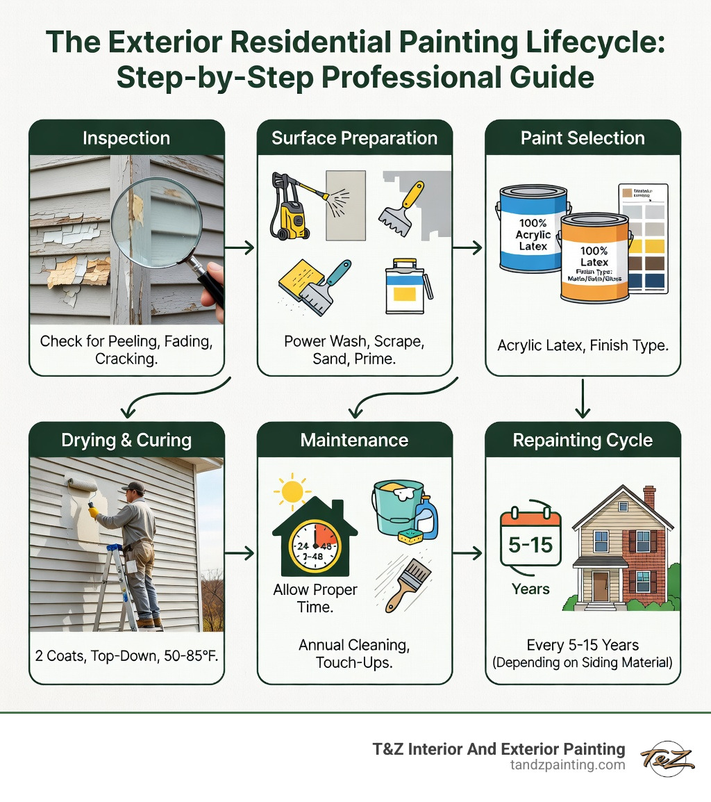 Infographic showing the exterior painting lifecycle: inspection for peeling/fading/cracking → surface preparation (power wash, scrape, sand, prime) → paint selection (acrylic latex, finish type) → application (2 coats, top-down, 50-85°F) → drying and curing → maintenance (annual cleaning, touch-ups) → repainting every 5-15 years depending on siding material - exterior residential painting infographic Infographic showing the exterior painting lifecycle: inspection for peeling/fading/cracking → surface preparation (power wash, scrape, sand, prime) → paint selection (acrylic latex, finish type) → application (2 coats, top-down, 50-85°F) → drying and curing → maintenance (annual cleaning, touch-ups) → repainting every 5-15 years depending on siding material - exterior residential painting infographic