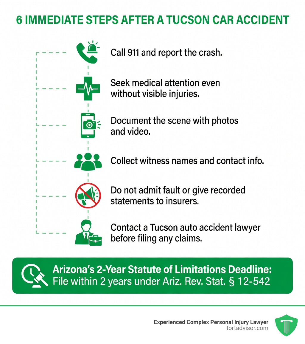 Infographic showing 6 immediate steps after a Tucson car accident: Step 1 - Call 911 and report the crash; Step 2 - Seek medical attention even without visible injuries; Step 3 - Document the scene with photos and video; Step 4 - Collect witness names and contact info; Step 5 - Do not admit fault or give recorded statements to insurers; Step 6 - Contact a Tucson auto accident lawyer before filing any claims - with Arizona's 2-year statute of limitations deadline prominently displayed at the bottom - Tucson auto accident lawyer infographic Infographic showing 6 immediate steps after a Tucson car accident: Step 1 - Call 911 and report the crash; Step 2 - Seek medical attention even without visible injuries; Step 3 - Document the scene with photos and video; Step 4 - Collect witness names and contact info; Step 5 - Do not admit fault or give recorded statements to insurers; Step 6 - Contact a Tucson auto accident lawyer before filing any claims - with Arizona's 2-year statute of limitations deadline prominently displayed at the bottom - Tucson auto accident lawyer infographic