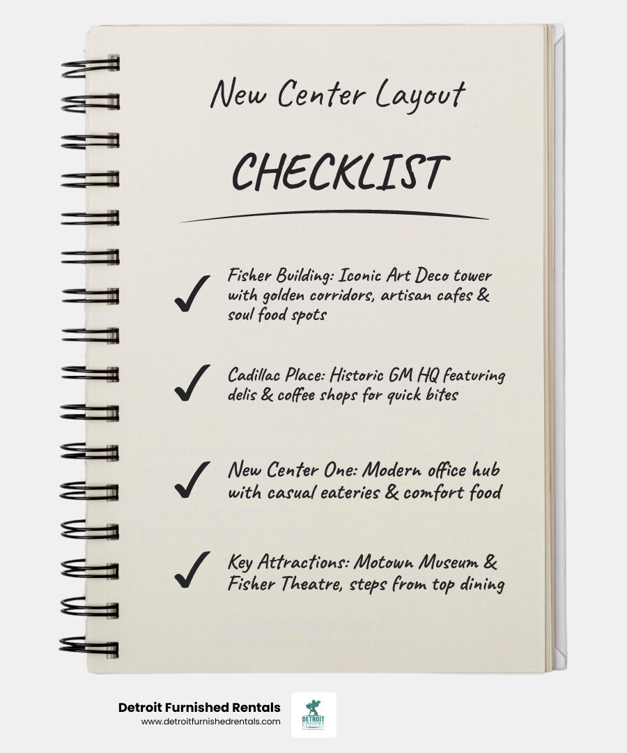 Infographic showing the layout of New Center Detroit, including the Fisher Building, Cadillac Place, New Center One, and nearby attractions like the Motown Museum and Fisher Theatre, with restaurant locations and cuisine types marked for each building - New Center Detroit restaurants infographic checklist-notebook Infographic showing the layout of New Center Detroit, including the Fisher Building, Cadillac Place, New Center One, and nearby attractions like the Motown Museum and Fisher Theatre, with restaurant locations and cuisine types marked for each building - New Center Detroit restaurants infographic checklist-notebook