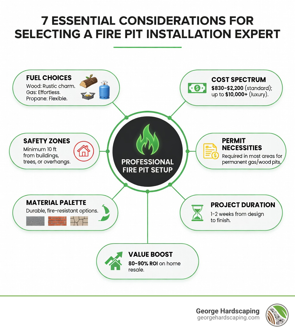 Infographic showing 7 key factors to consider when hiring a fire pit installation company: fuel type options (wood, gas, propane), average cost range ($830 to $10,000+), required safety clearances (10 feet minimum from structures), permit requirements, material options (stone, brick, pavers), installation timeline (1-2 weeks), and estimated ROI (80-90% home value return) - fire pit installation company infographic Infographic showing 7 key factors to consider when hiring a fire pit installation company: fuel type options (wood, gas, propane), average cost range ($830 to $10,000+), required safety clearances (10 feet minimum from structures), permit requirements, material options (stone, brick, pavers), installation timeline (1-2 weeks), and estimated ROI (80-90% home value return) - fire pit installation company infographic