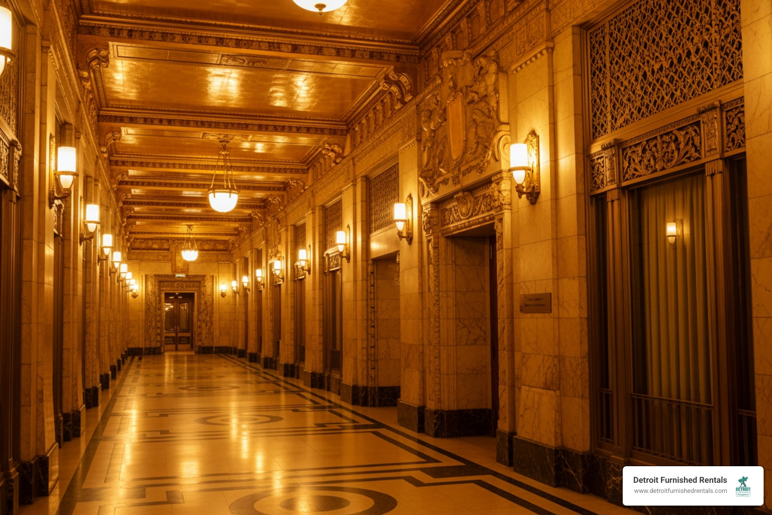 The golden corridors of the Fisher Building with its intricate Art Deco details and marble finishes - New Center Detroit restaurants The golden corridors of the Fisher Building with its intricate Art Deco details and marble finishes - New Center Detroit restaurants