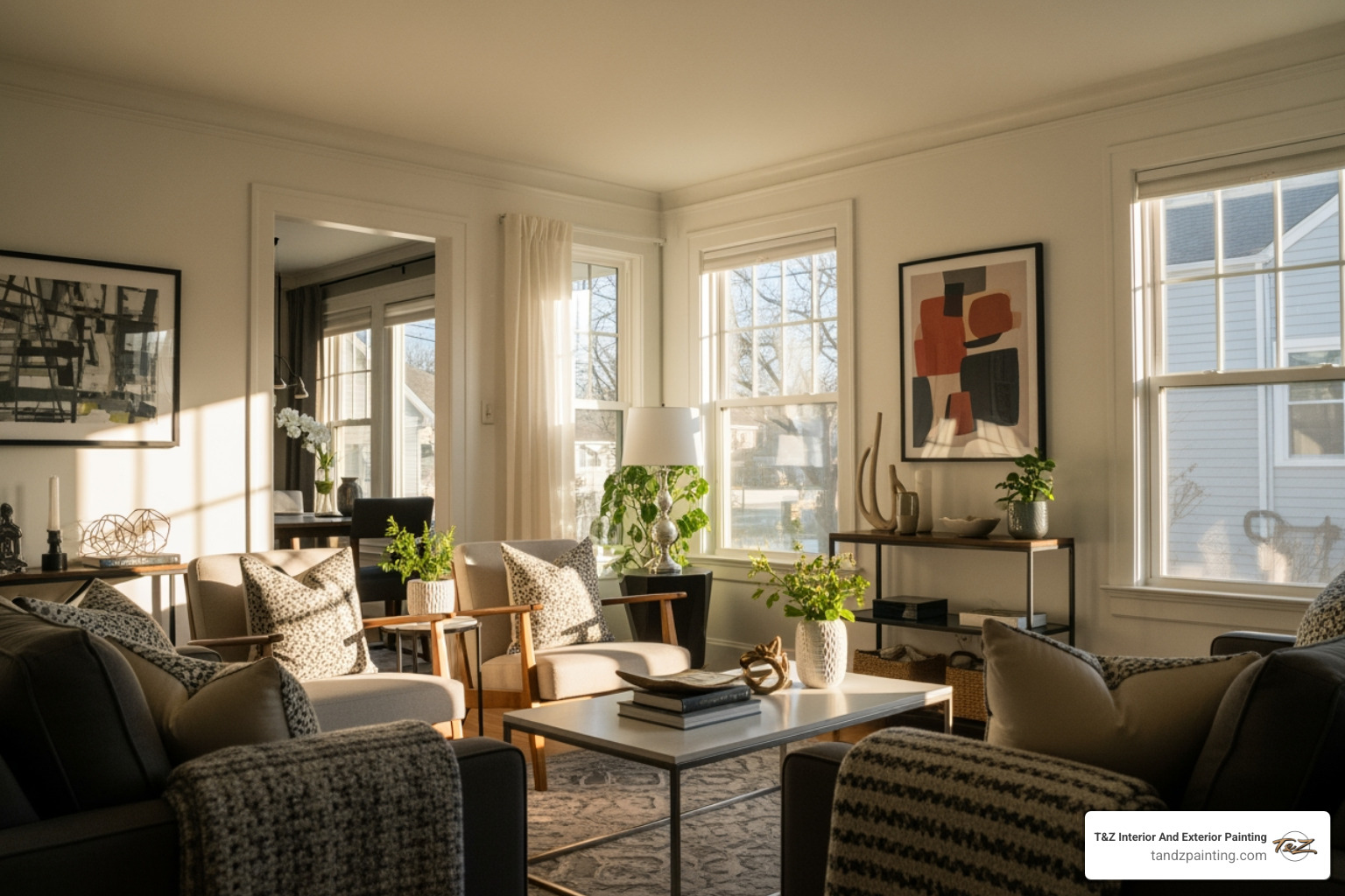 A bright, sun-drenched living room where the natural light highlights the subtle undertones of a warm white paint on the walls - Living room painting ideas A bright, sun-drenched living room where the natural light highlights the subtle undertones of a warm white paint on the walls - Living room painting ideas