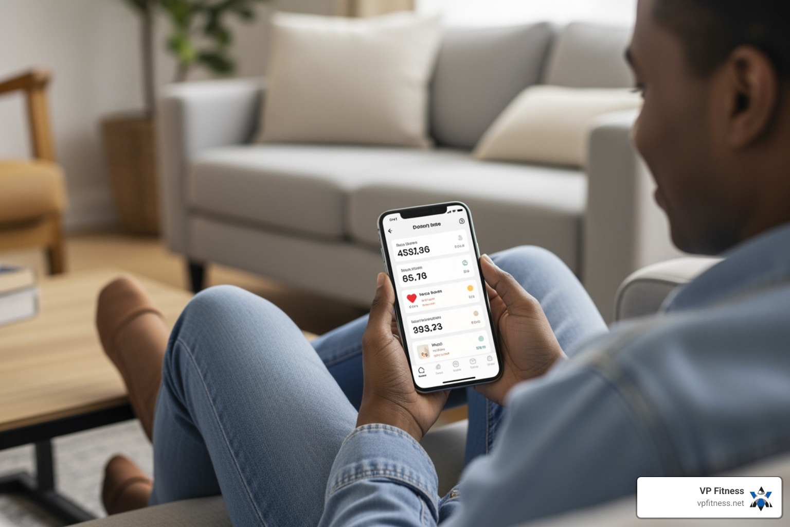 A person sitting comfortably, holding a smartphone and tracking their daily health metrics like steps, heart rate, and mood on a clean, modern app interface - digital health and wellness platforms