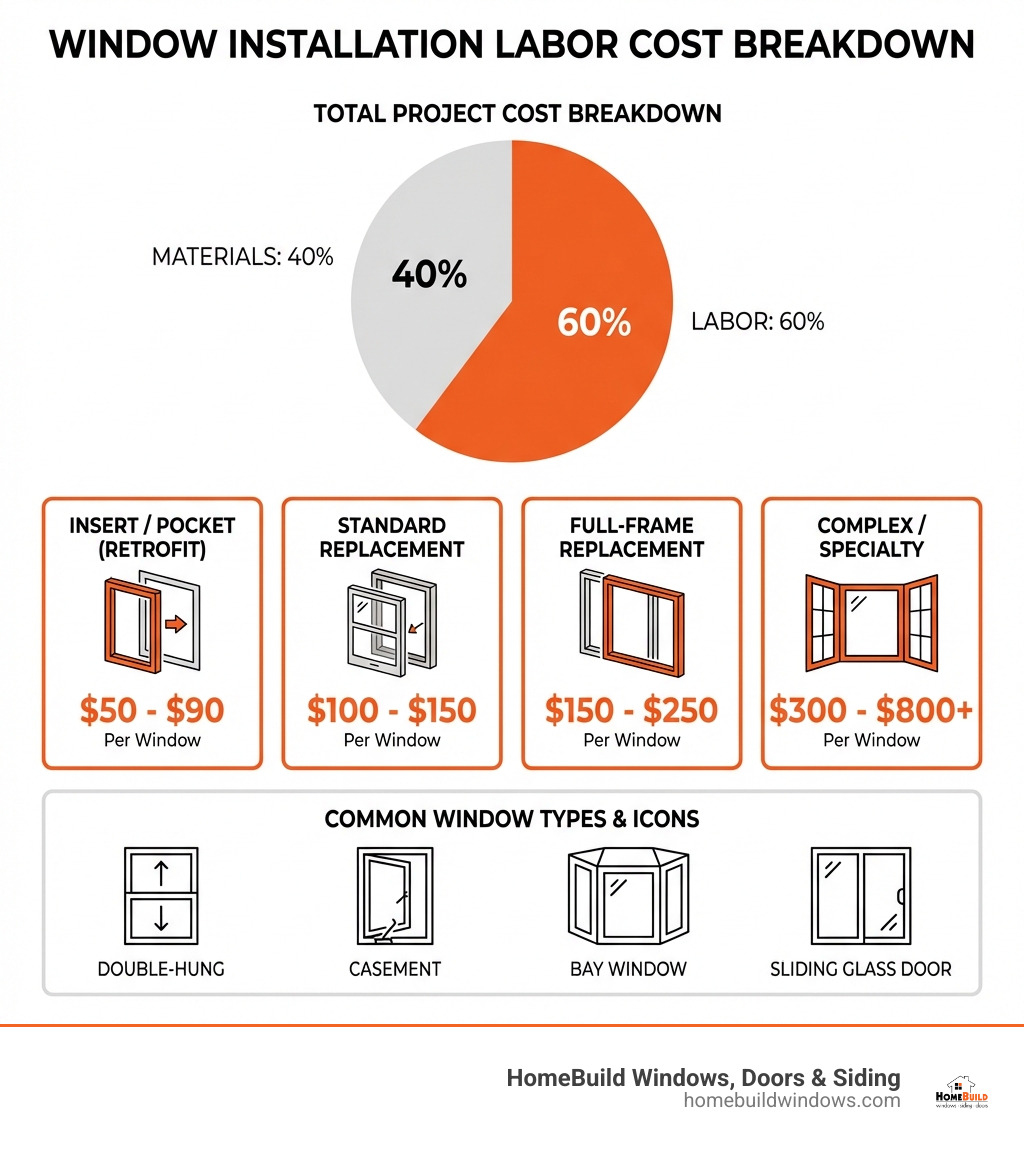 Infographic showing window installation labor cost breakdown: insert/pocket $50-$90, standard replacement $100-$150, full-frame $150-$250, complex/specialty $300-$800+, with a pie chart showing labor as 60% of total project cost vs. 40% materials, and icons for window types including double-hung, casement, bay, and sliding glass door - how much does labor cost to install windows infographic 