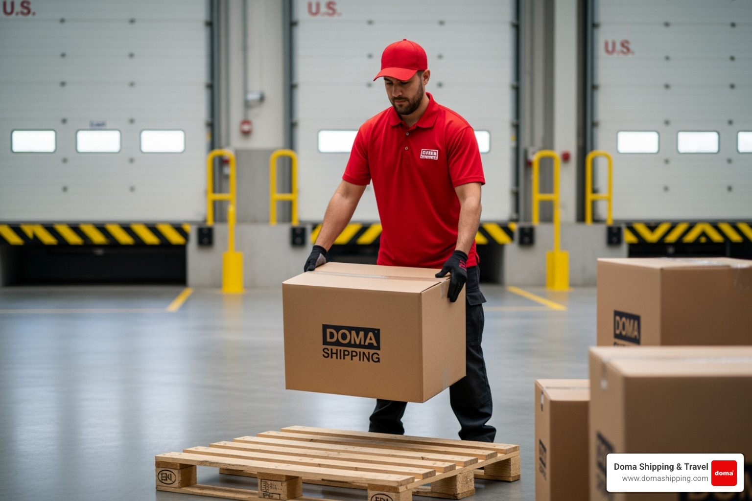 A professional Doma Shipping worker in a red uniform and red cap carefully loading a sturdy cardboard box onto a wooden pallet in a Chicago-area warehouse; the background shows a clean, modern logistics hub with US-style loading docks and other boxes prepared for international transport to Europe; the worker is using proper lifting techniques, and the environment is well-lit and professional - courier service to Poland