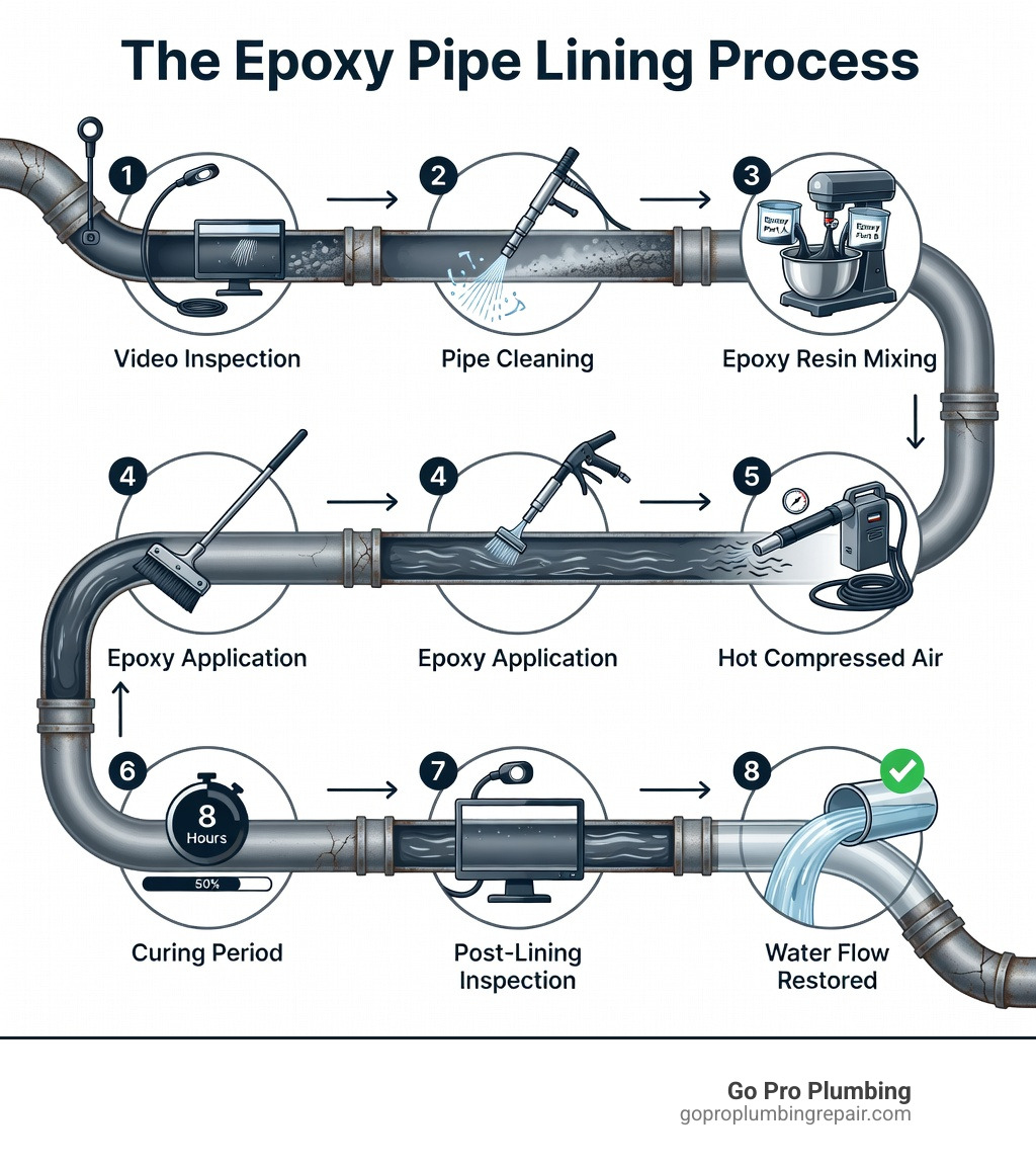 Step-by-step infographic showing the epoxy pipe lining process: Step 1 - Video inspection of pipe interior using sewer camera; Step 2 - Pipe cleaning using hydro-jetting or sandblasting to remove scale and debris; Step 3 - Epoxy resin mixed at 1:1 ratio and prepared for application; Step 4 - Epoxy applied to pipe interior using brush casting tool or air pressure; Step 5 - Hot compressed air used to ensure even coating; Step 6 - Curing period of approximately 8 hours; Step 7 - Post-lining video inspection to verify coverage; Step 8 - Water flow restored within 4 hours of coating - epoxy pipe lining infographic 