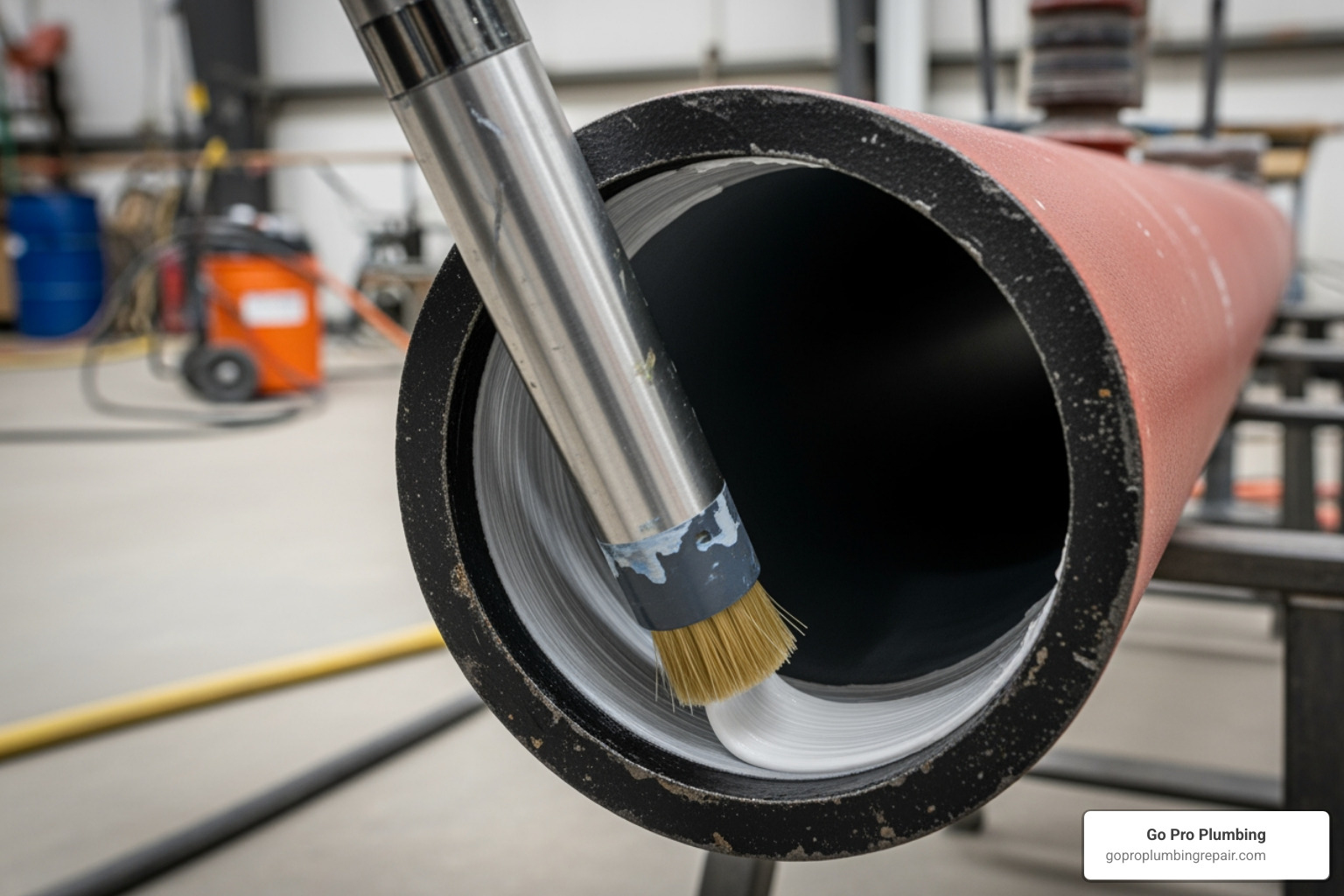 A specialized brush casting tool being inserted into a cast iron pipe to apply a smooth, even layer of epoxy resin - epoxy pipe lining