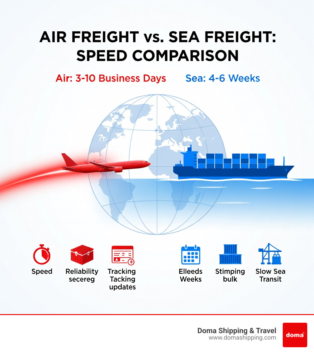Infographic comparing the transit speeds of air vs sea shipping; Air freight shown as a fast-moving streak across the globe taking days, while sea freight is shown as a steady ship taking weeks - express shipping to Europe infographic Infographic comparing the transit speeds of air vs sea shipping; Air freight shown as a fast-moving streak across the globe taking days, while sea freight is shown as a steady ship taking weeks - express shipping to Europe infographic