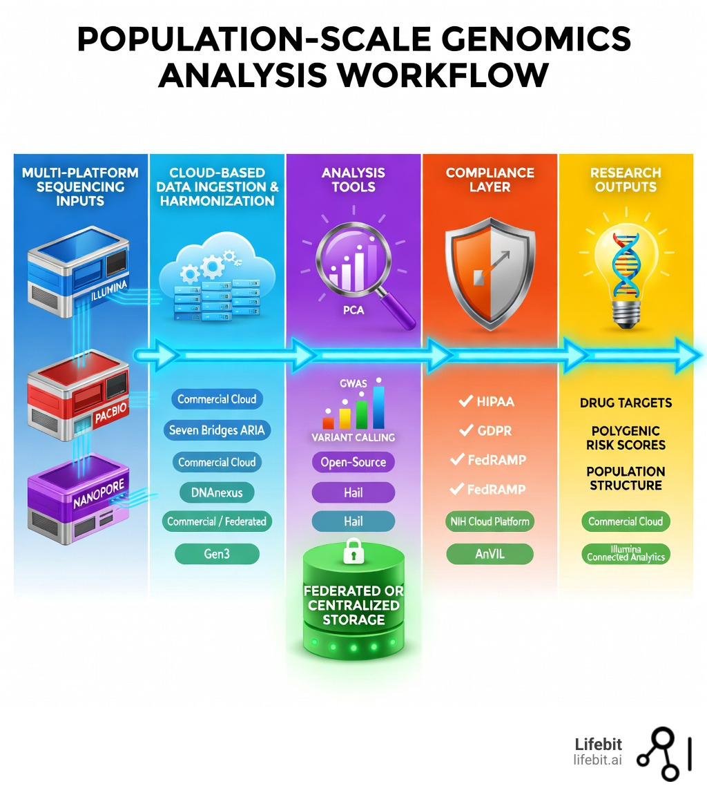 Infographic showing the population-scale genomics analysis workflow: from multi-platform sequencing inputs (Illumina, PacBio, Nanopore) through cloud-based data ingestion and harmonization, to analysis tools (GWAS, PCA, variant calling), federated or centralized storage, compliance layer (HIPAA, GDPR, FedRAMP), and final research outputs (drug targets, polygenic risk scores, population structure), with platform names mapped to each stage - platforms for population-scale genomics analysis infographic 